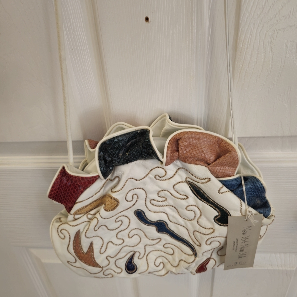 NWT Snakeskin Rope Genuine Leather Crossbody Shoulder Bag Cream New York - Picture 3 of 17
